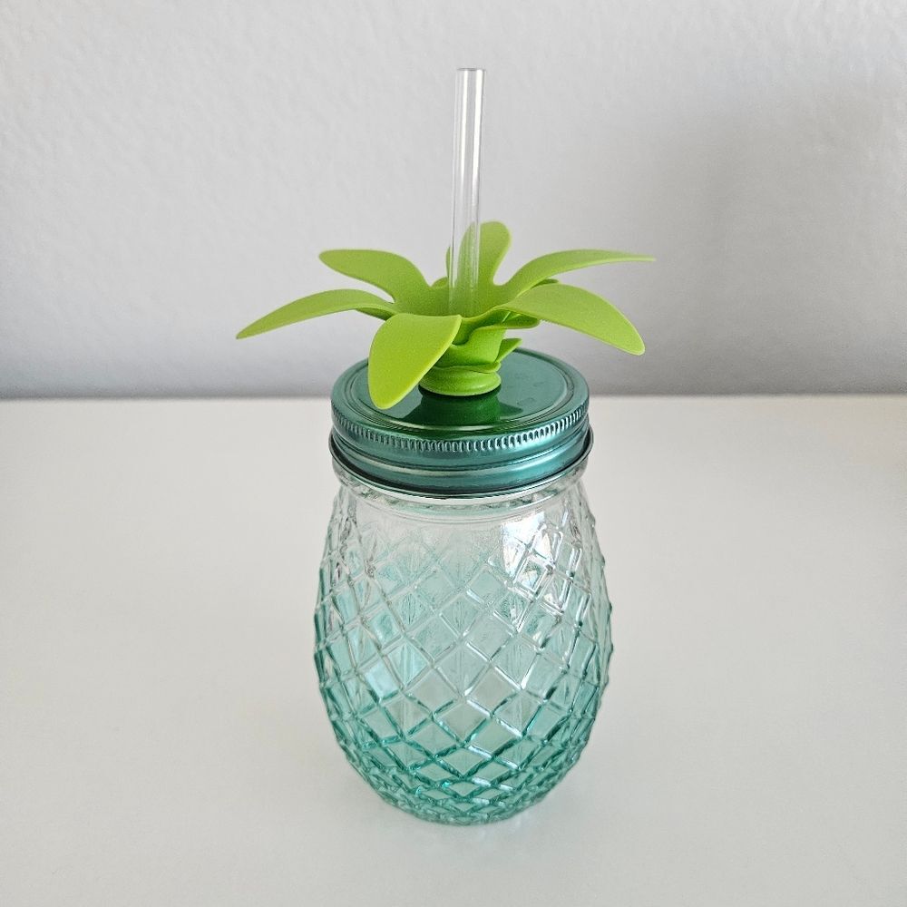NEW Pineapple Mason Jar Teal Textured Glass Cup Bar Drinking Glass 17.5 oz